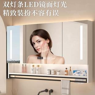 870实框架浴室镜挂墙式 木洗手间镜子带物室架实木智置能浴镜柜带