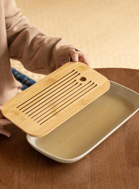 竹制长方干形泡盘小储水陶瓷茶盘家用型中茶台式酒店茶81640托盘