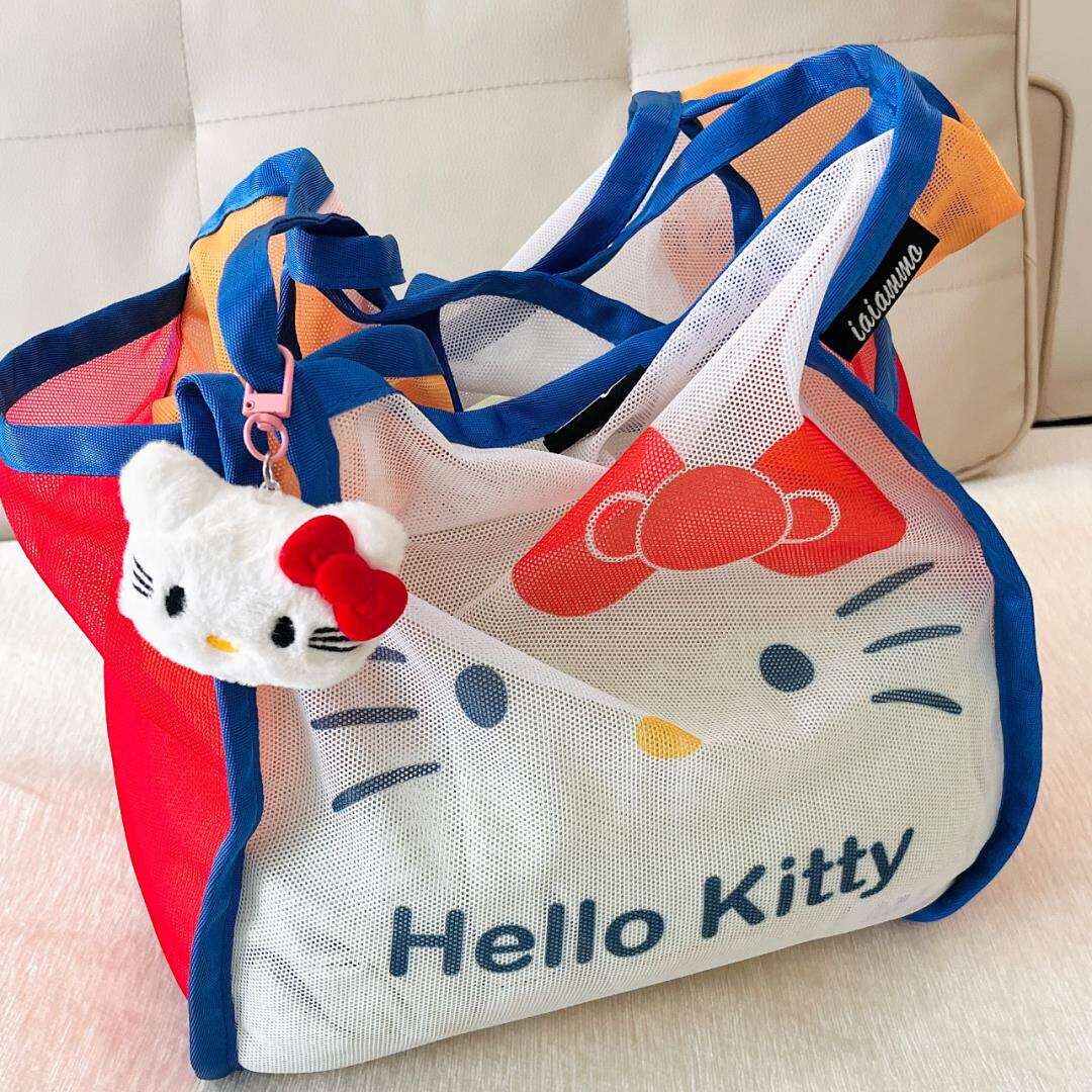 HelloKitty网纱手提包撞色单肩包女款大容量折叠购物袋健身游泳包