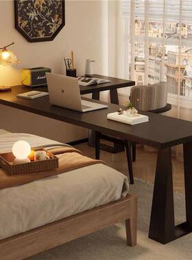 美式卧室房转角书桌L桌型直角实木脑办公家用书靠电墙EDR长条黑色