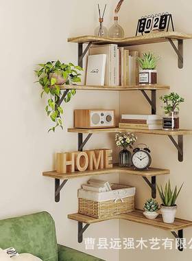 乡村理风木质墙上实置物架061502壁挂式浮动板木转角收纳架杂物整