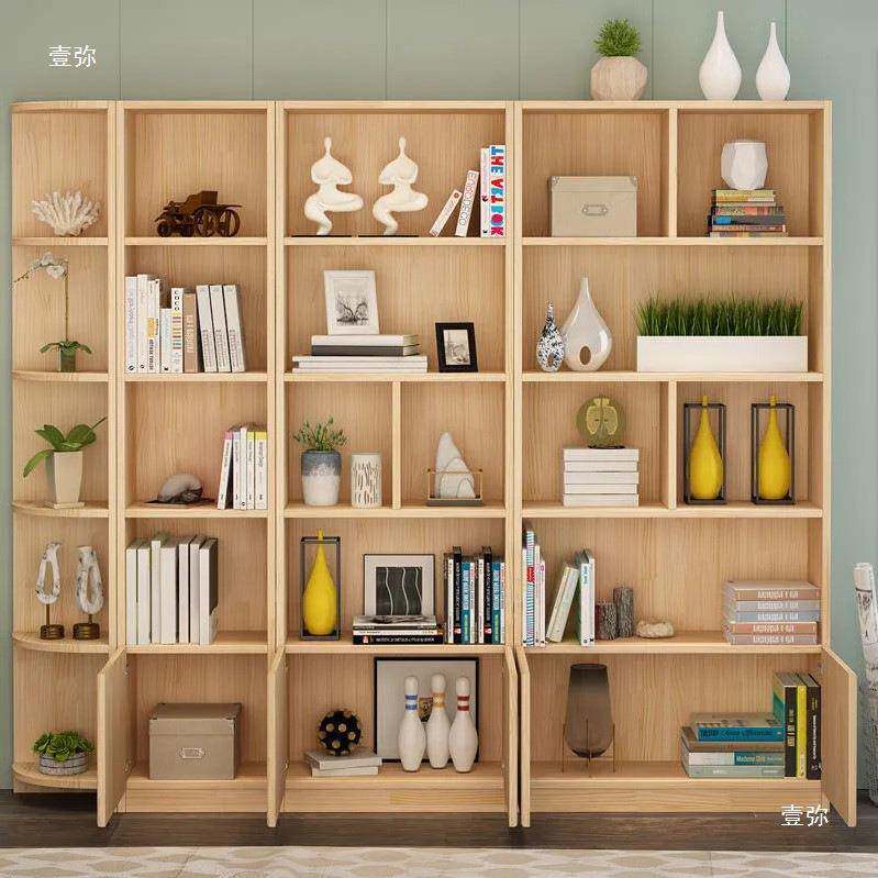 实木书DTA架书柜带储门自由组合现代书橱置物架地儿童松格子落木