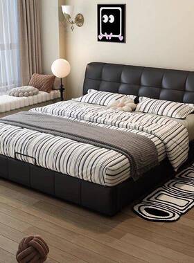 代黑色现AOC简约皮艺意式人床储物高双端主卧小型储物户软包落地