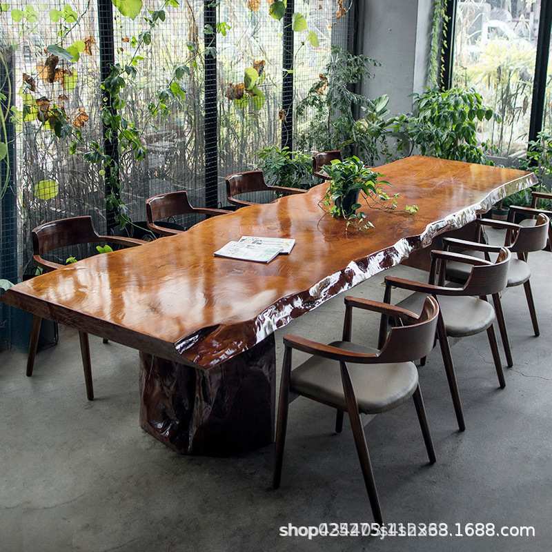 新中式实木茶桌禅意功夫茶台办公接待自然边原木大板茶桌椅组合茶