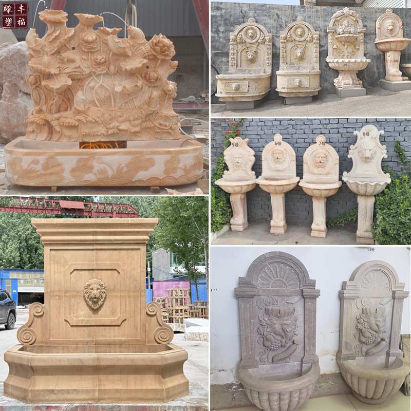 欧式大理石壁泉石材水景喷泉别墅庭院石雕靠墙喷泉狮子头荷花壁泉