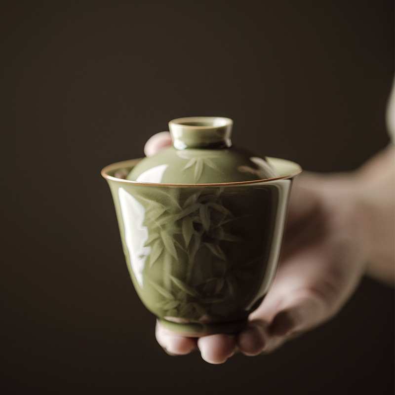 束刻越窑青瓷艾草青南竹盖碗仿古手工浮雕功夫茶具泡茶碗沏茶碗