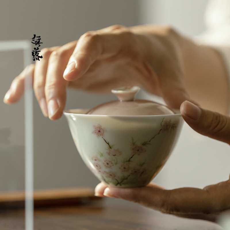 无落桃红手绘艳阳绽放盖碗釉下彩手工陶瓷泡茶碗茶杯单个功夫茶具
