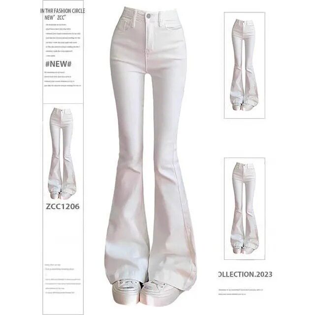 美式复古辣妹白色微喇叭牛仔裤女低腰弹力显瘦紧身拖地马蹄裤子潮