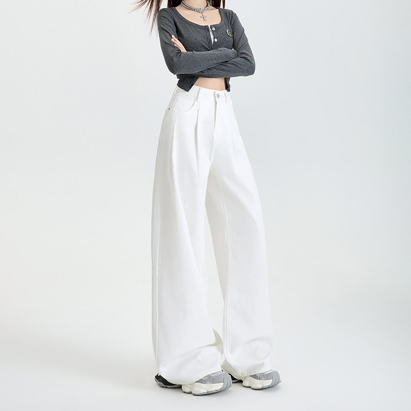 2026年春季新款白色褶皱牛仔长裤女韩版高腰宽松垂感阔腿拖地裤子