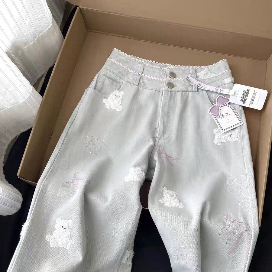 日系浅色小熊刺绣蕾丝花边阔腿牛仔裤女秋季高腰宽松显瘦拖地长裤