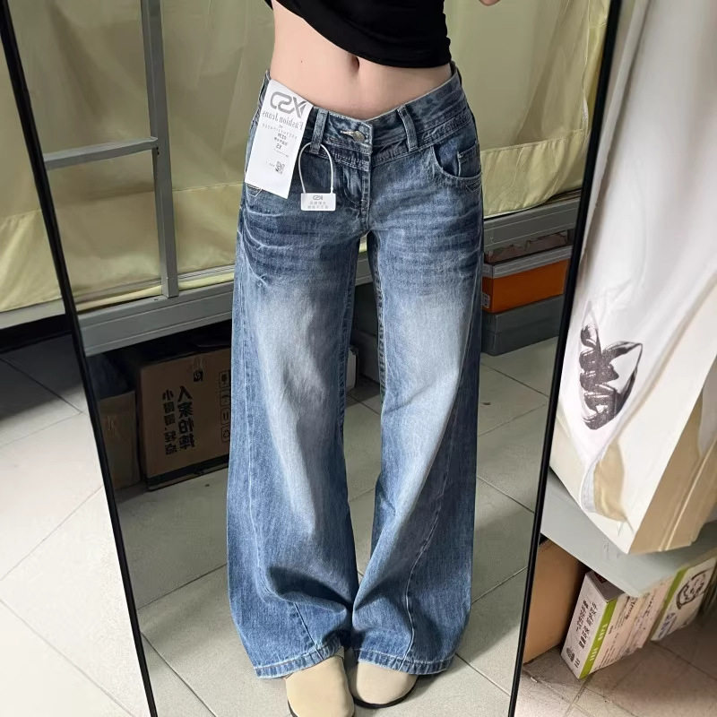 2026春季新款美式复古不贴腿微喇牛仔裤女低腰冰裂宽松直筒拖地裤