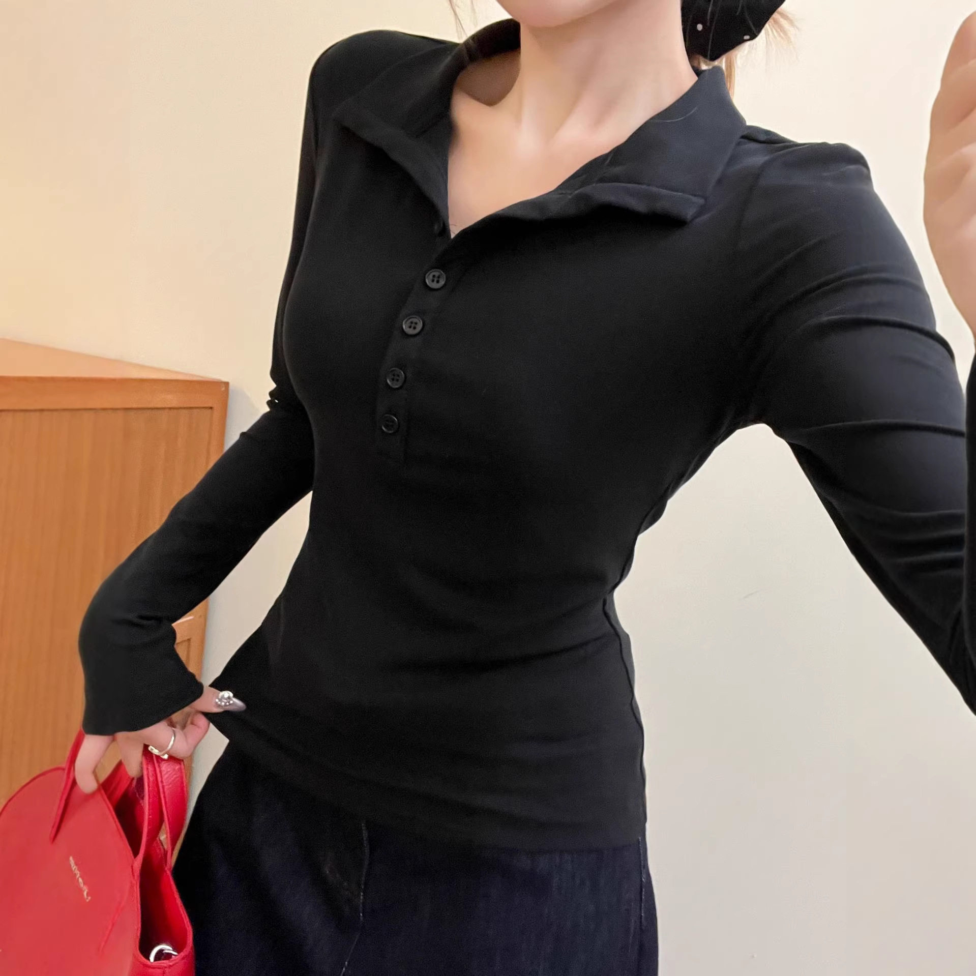 实拍#polo衫正肩长袖T恤女2026早春季美式辣妹纽扣上衣内搭打底衫