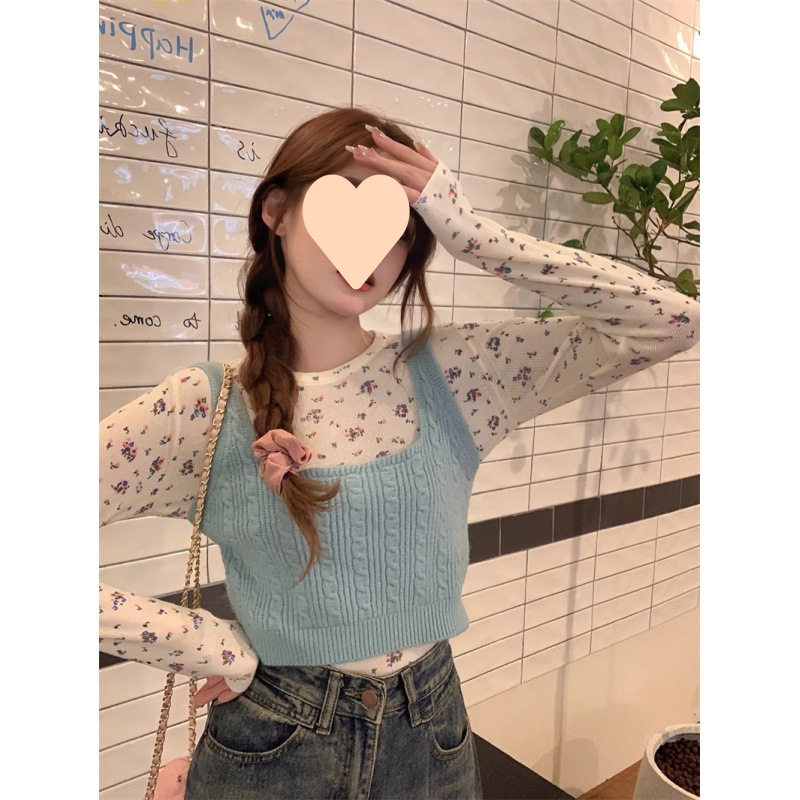 甜美风套装女早春温柔针织马甲背心+叠穿碎长袖花打底衫恤两件套