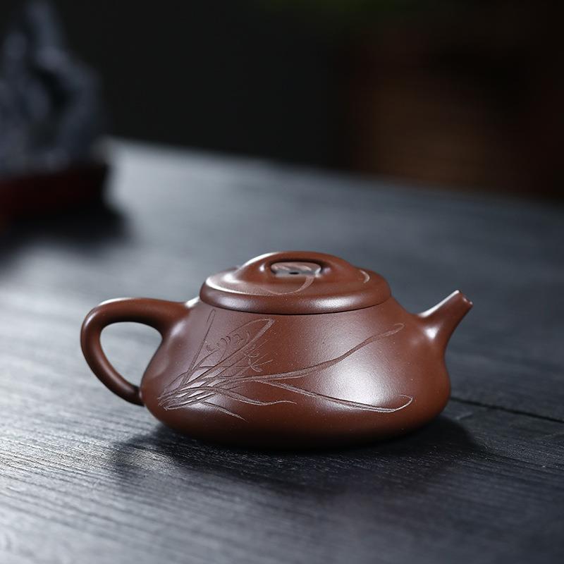 宜兴紫砂壶正宗手工茶壶名家刻绘兰花茶具紫泥纳瓢250cc