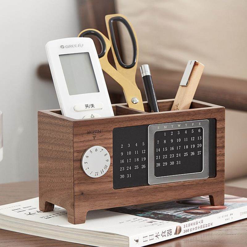 材质优良色泽温润黑胡桃木笔筒万年历木质收纳盒桌面办公室用品摆