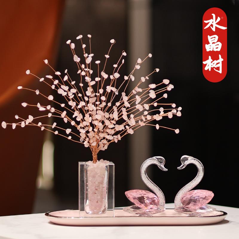 招桃花粉晶树天鹅水客玄关电视柜酒柜件家居装摆饰品轻厅奢YA7351