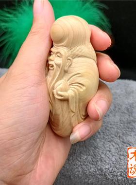小摆叶黄杨木雕刻寿星公身把手件手把玩随送长REF辈家居装饰品小