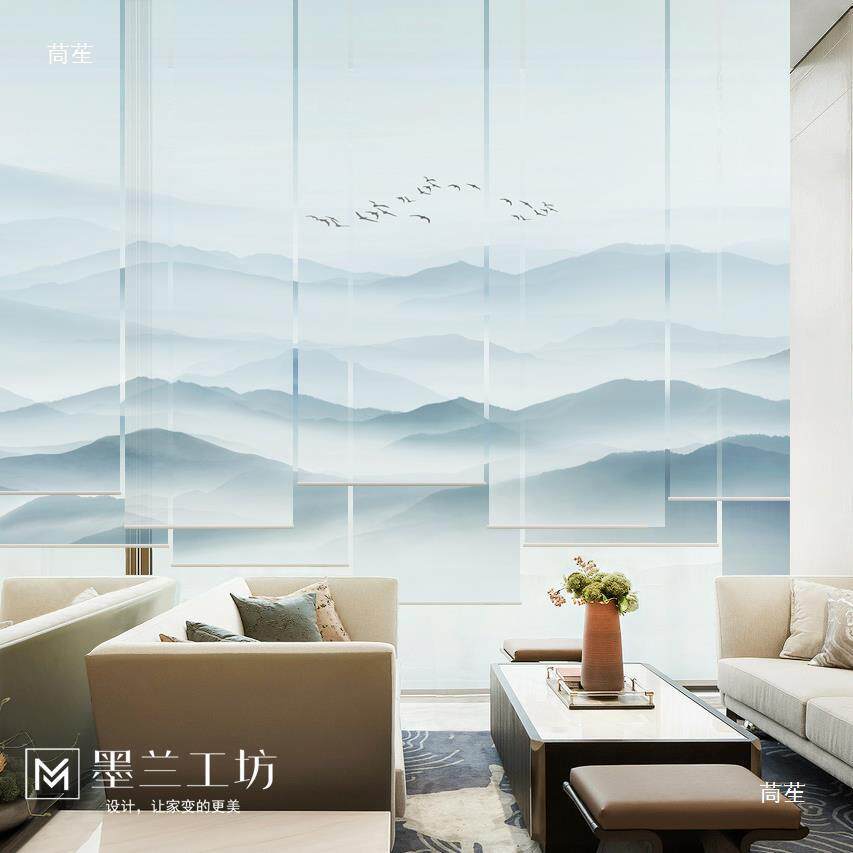 半透明办公室动遮光控中日式手遥动电水山卷tfgfghsd帘软隔断屏风
