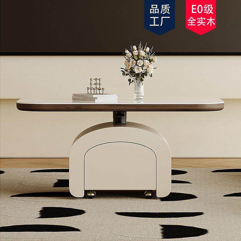 白色桌岩板多功能可移动升茶几餐两用二合户一客厅降小型PQG2025