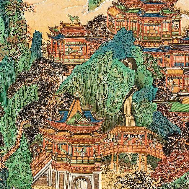 黄秋XPH园微帝风卷华图亭台楼阁青绿山宫水画高清喷复制品临摹装
