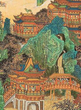 黄秋XPH园微帝风卷华图亭台楼阁青绿山宫水画高清喷复制品临摹装