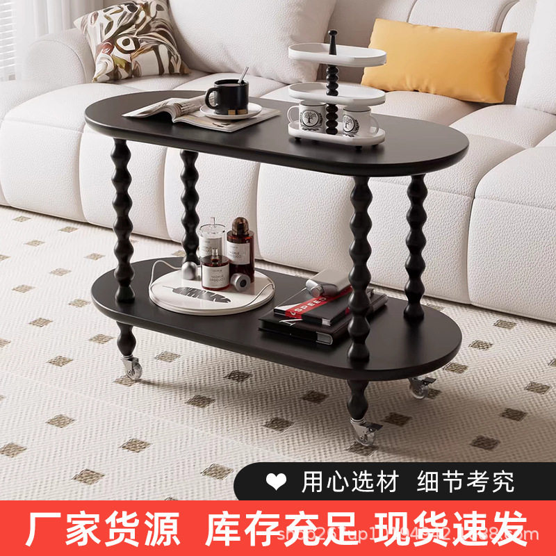 跨境电商法式奶油风客厅可移动茶几沙发边几餐边小推车中古夹缝桌