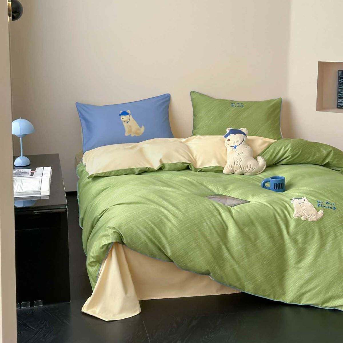 贡布缎全棉贴绣卡床通可爱绿小狗被套品四件套阳光色PARK耶耶四季