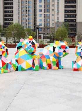 几何块面熊猫摆件户外玻璃钢雕塑园林景观商场酒店公园绿地装饰品