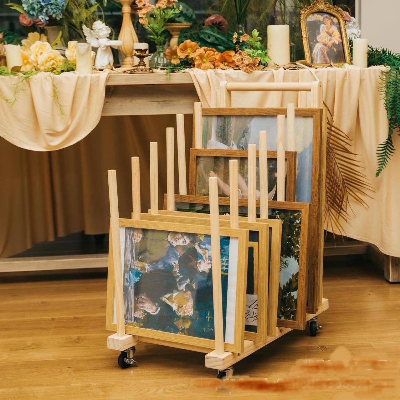 木制油画架带滚轮画板收纳架帆布架晾干架画板推车置物架展示收纳