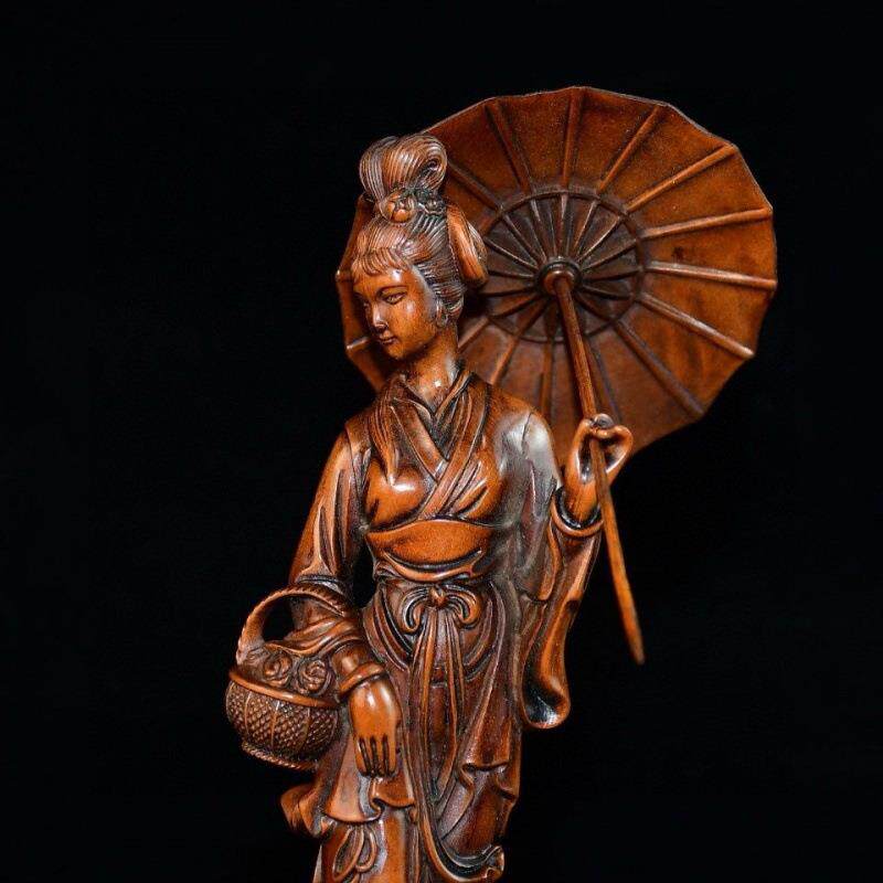旧藏老黄杨木雕刻提篮打伞古代美女复古文玩工艺品居家装饰品摆件