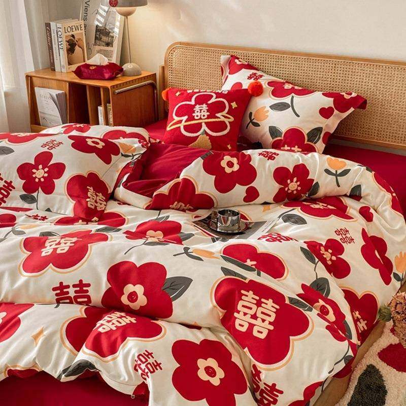 简约印花婚庆非全棉四件套新婚红色被套纯棉结婚床上用品陪嫁婚房