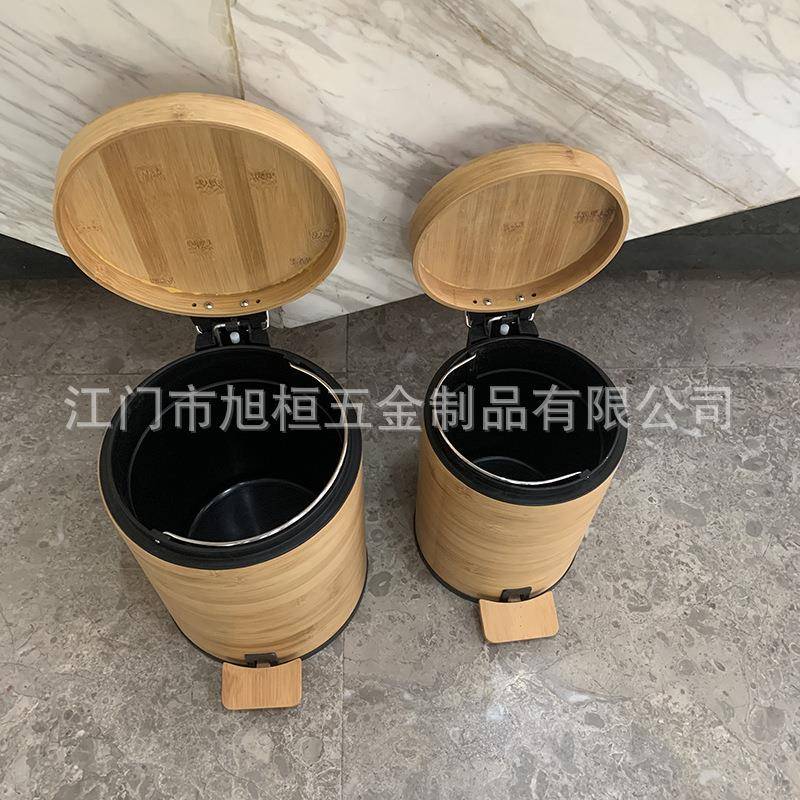 带盖垃圾桶竹制家用厨房收纳纸篓缓降静音脚踏式卫生间夹缝垃圾桶