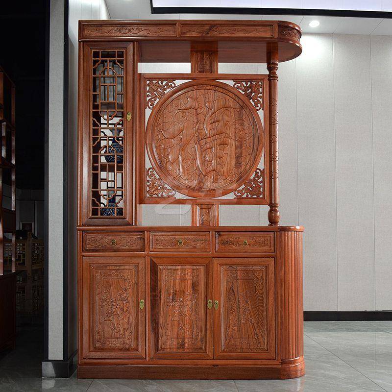 新中式仿古实木家用入户门龙柱玄关柜双面屏风隔断客厅遮挡福字柜