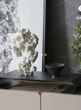 新中式陶瓷太湖石雕塑托盘组合摆件样板间玄关柜书房书店软装