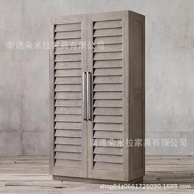 RH工业风格美式乡村橡木做旧双门衣柜法式简约复古实木衣橱百叶柜