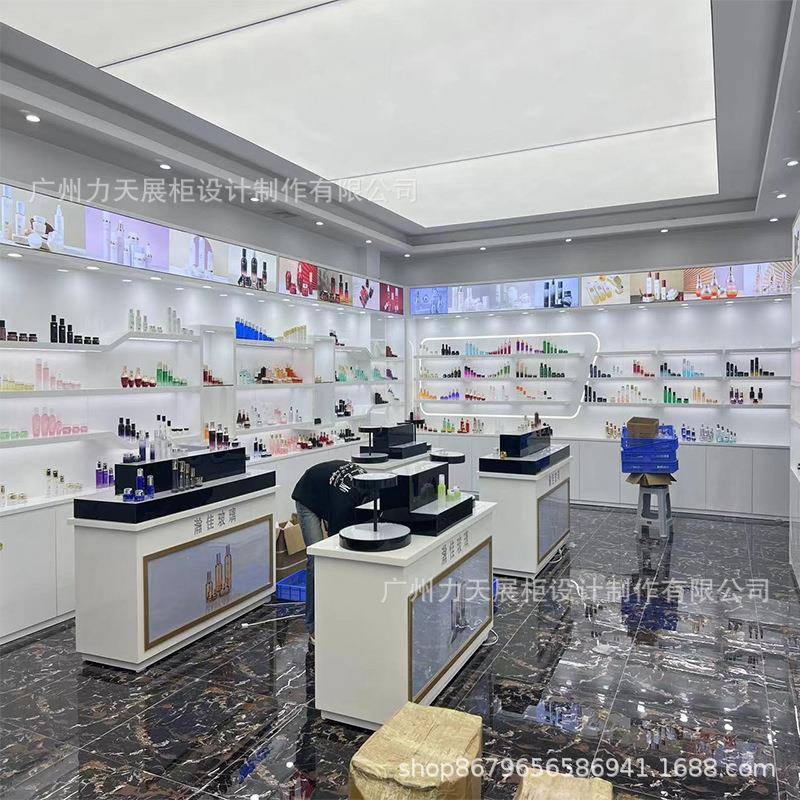 化妆护肤品公司展厅烤漆展示柜白色简约时尚产品陈列架商铺形像柜