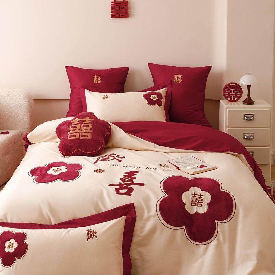 春夏简约60支纯棉婚庆四件套欢喜花瓣刺绣结婚红色被套床单床笠