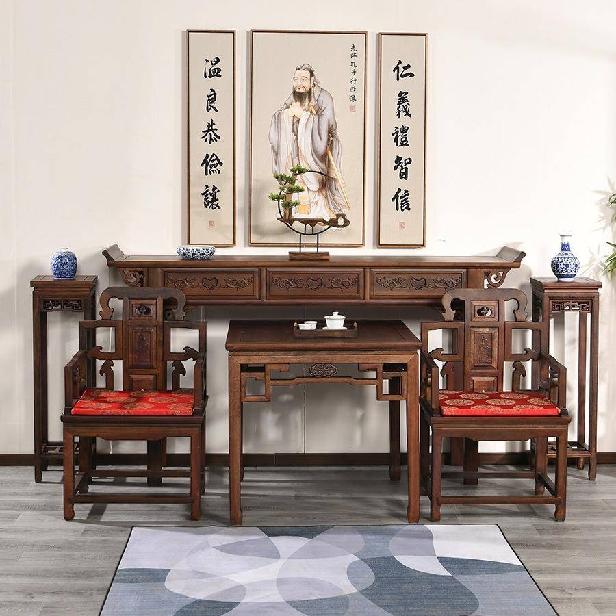 新中式中堂供桌条案实木农村堂屋家具六件套八仙桌神台条几机条桌