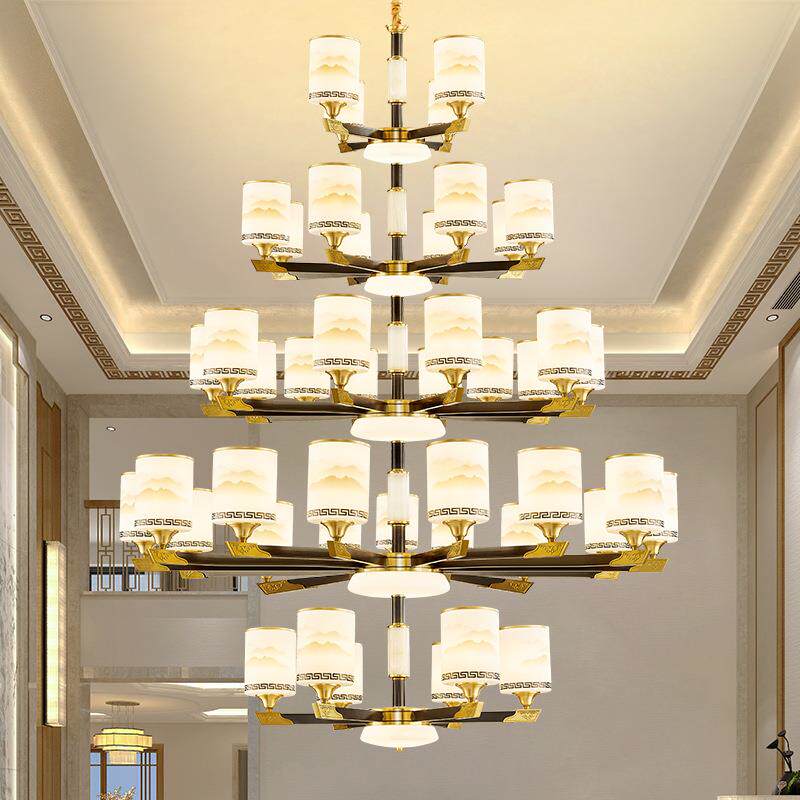 复式楼中空楼梯长吊灯别墅客厅大吊灯中国风全铜新中式跃层大厅灯