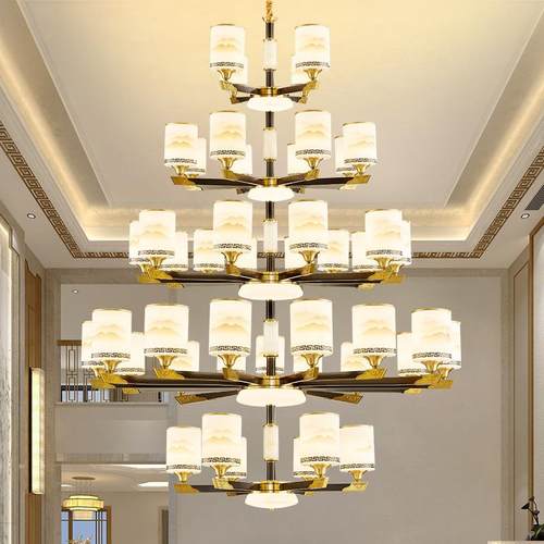 复式楼中空楼梯长吊灯别墅客厅大吊灯中国风全铜新中式跃层大厅灯