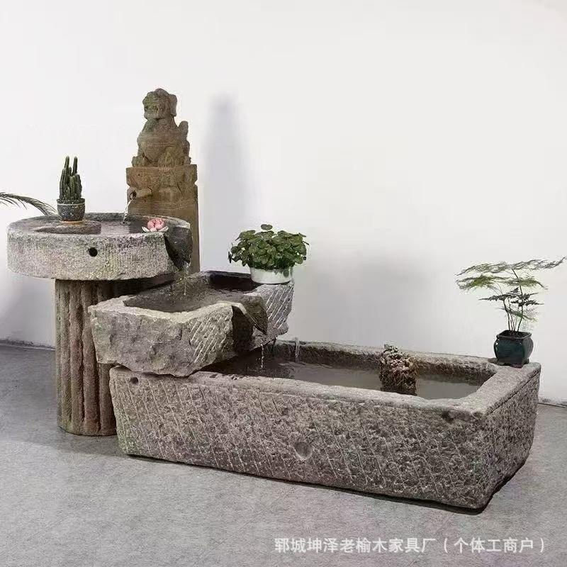 老石槽流水摆件石磨水景旧石头鱼缸养鱼阳台造景户外庭院水槽景观