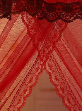 E4C2023新款蚊帐结婚家用红色宫廷落地婚房床幔加密单纹帐公主风