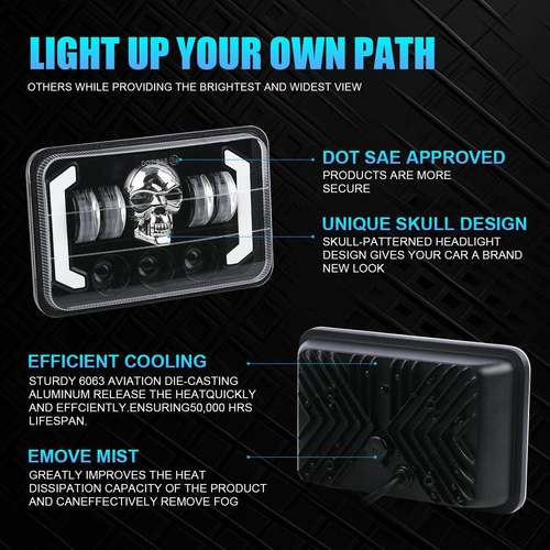 牧马人大灯方灯4x6骷髅头卡车越野车前大灯日行灯改装车灯