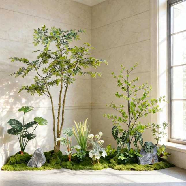 仿真绿植黄杨树室内花艺工程造景落地植物绿色小叶紫薇树中式禅意
