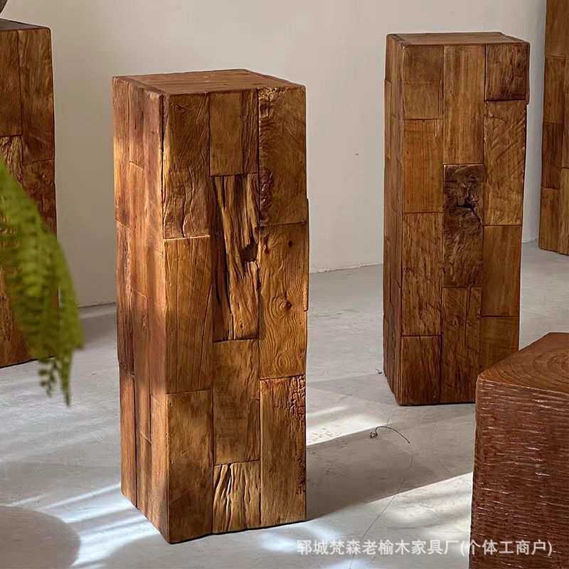 复古木墩底座侘寂风墩子摆件方形原木树桩木头桩子茶几花架矮凳