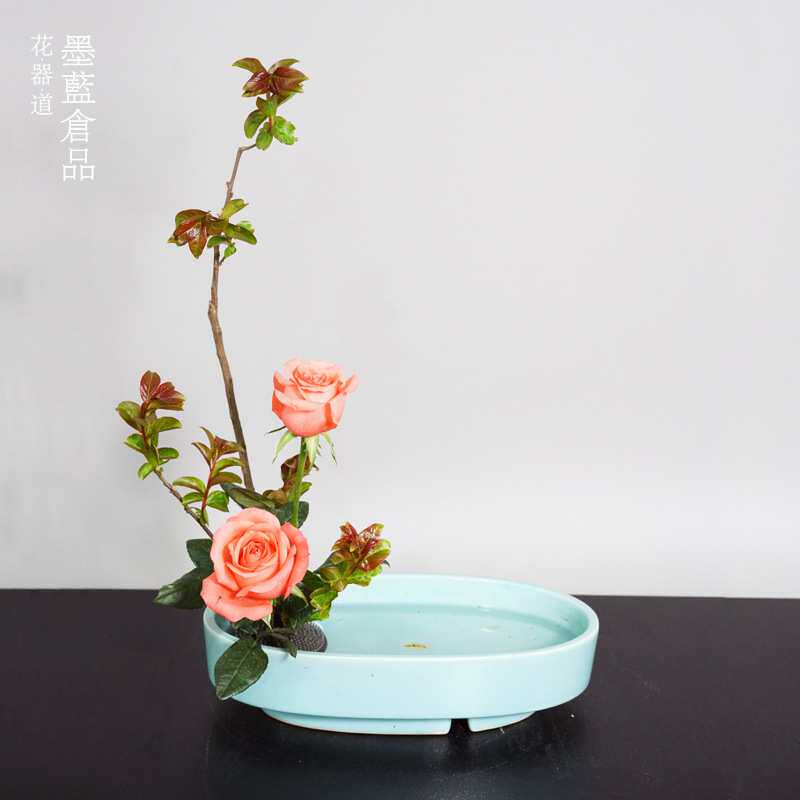 小原流插花花道课标准花器 日式插花陶瓷黑色椭圆小判 水仙盆水培