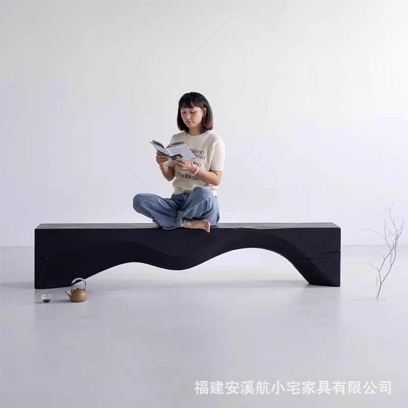侘寂风实木长条凳餐桌凳子简约创意黑色换鞋凳床尾凳休息凳大板凳