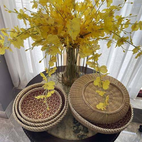 越南精编红花双层果篮竹编面包篮手工编织竹筐果盘竹编篮