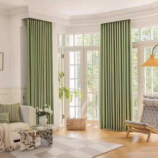 现代简约时尚奢华客厅卧室卧室人字纹绒布单色遮阳成品窗帘绿色