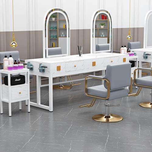 新款理发店镜台发廊仿大理石面柜子一体双面镜烫染美发店剪发